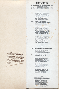 716816 Tekst van ‘LIEDEREN ter gelegenheid van den gedenkdienst van wijlen onzen makker Daan Brinkerink’ op 25 nov. ...